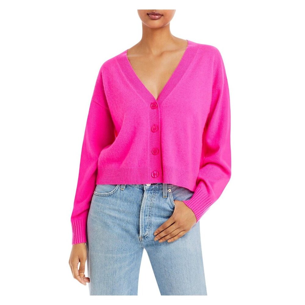 NWT Aqua Womens Front Button Cashmere V-Neck Cardigan Sweater V10337 Neon Pink M